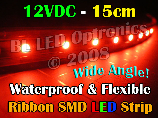 15cm Waterproof/Flexible SMD Ribbon Style LED Strip (Red) - Click Image to Close