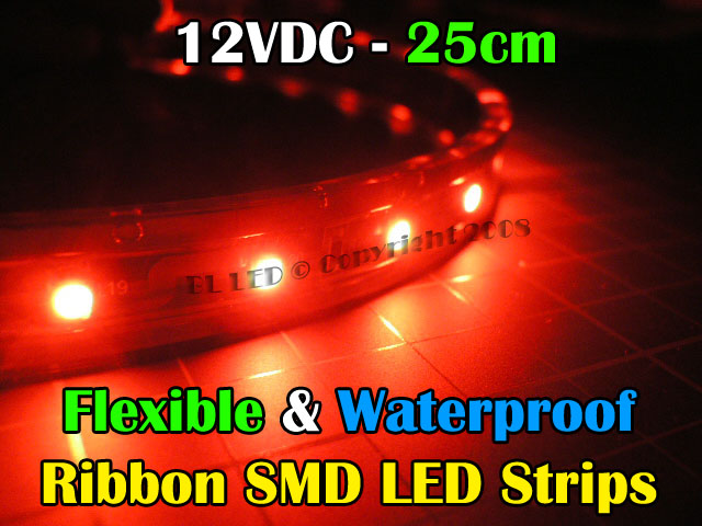 25cm Waterproof/Flexible SMD Ribbon Style LED Strip (Red) - Click Image to Close