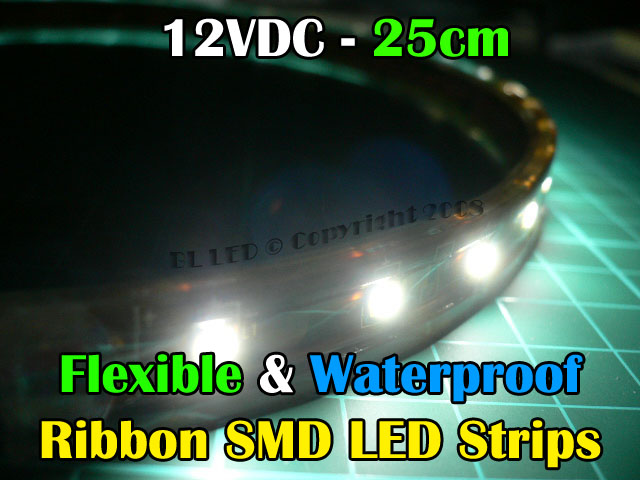25cm Waterproof/Flexible SMD Ribbon Style LED Strip (White) - Click Image to Close